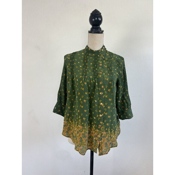 Lauren Moffatt Silk Green Floral asymmetrical Snap Button Cottagecore Top Med - Picture 1 of 10